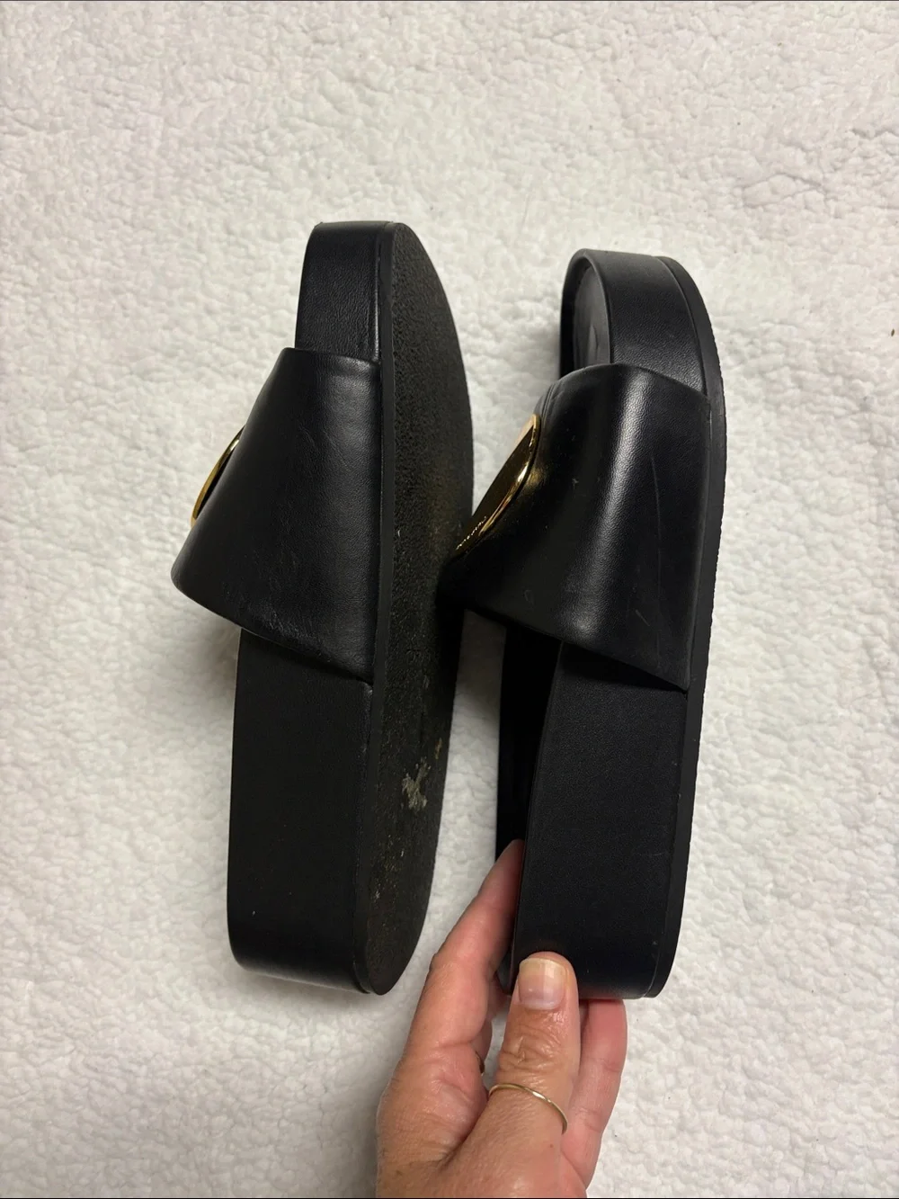 Tory Burch size 7 Black Leather Slide Sandals with Gold circle - scuffed